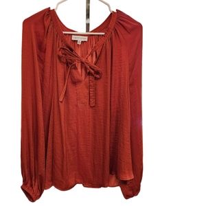 Gibson Latimer Satin Tie Front Split Round Neck Long Peasant Sleeve Woven Top